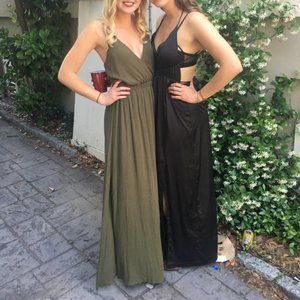 V neck wrap black maxi dress